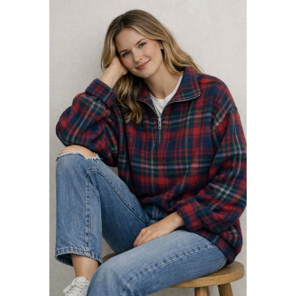 Vintage Plaid Fleece Pullover Sweatshirt Jacket Quarter Zip
